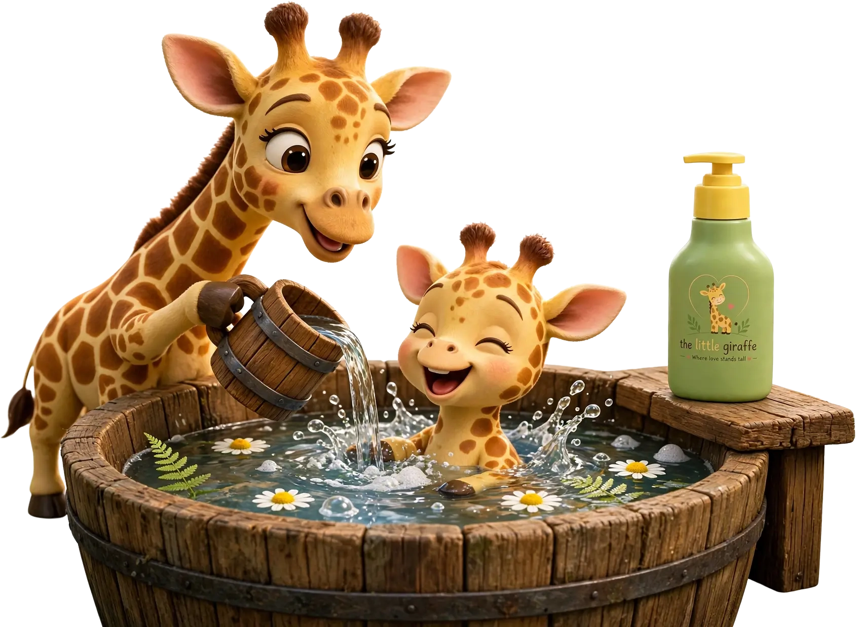 The Little Giraffe baby skincare bottle with a cartoon giraffe